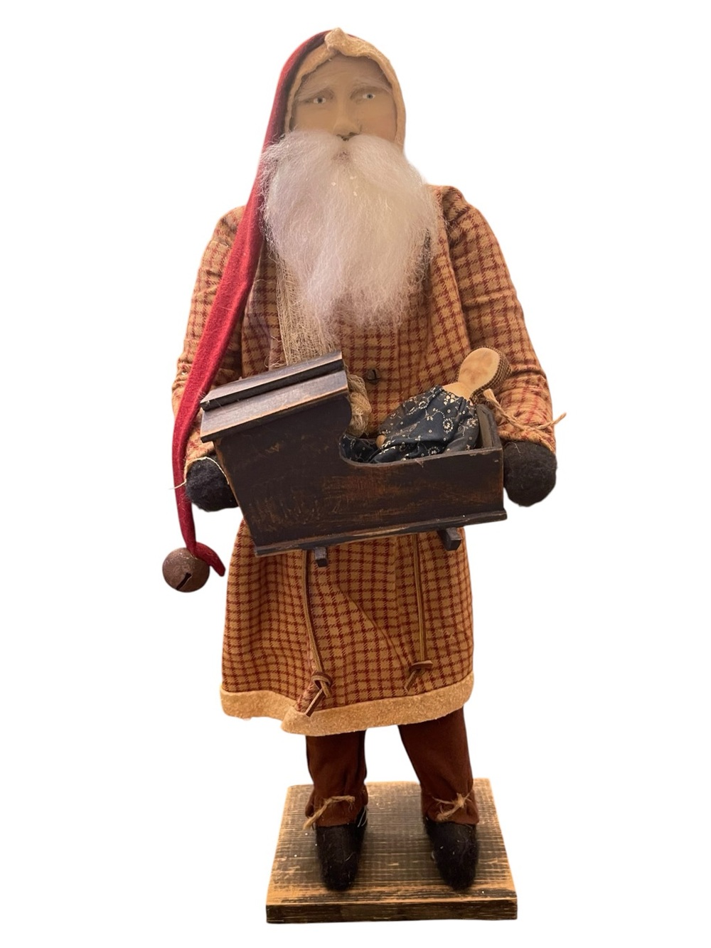Arnettes Country Store Rustic Santa With Wood Cradle Baby Doll Tan Red 24”